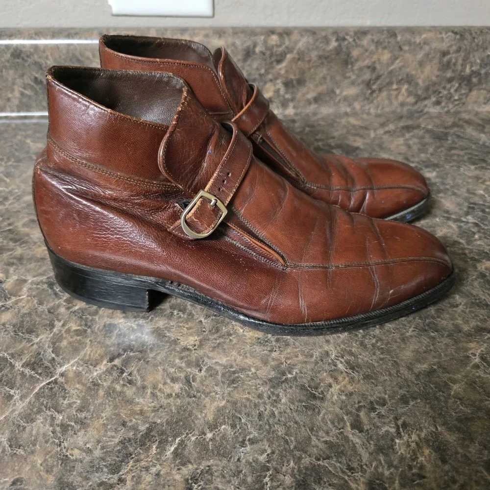 Mens Leather Florsheim Brown Monk Strap Ankle Boots, Size US 8.5 D